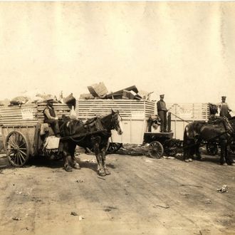 Dump at 133rd Street & Harlem River, Bronx. Men wait on horse-drawn wagons loaded with garbage. May 1925.