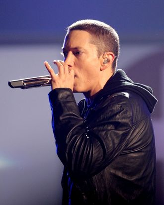 LOS ANGELES, CA - JUNE 27: Rapper Eminem performs onstage during the 2010 BET Awards held at the Shrine Auditorium on June 27, 2010 in Los Angeles, California. (Photo by Frederick M. Brown/Getty Images) *** Local Caption *** Eminem