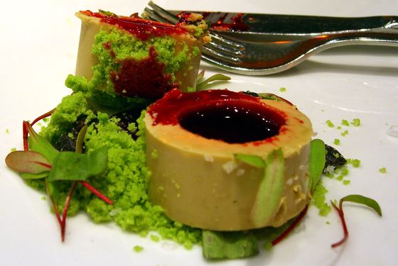 Foie gras with a liquid beet center and pea soil.