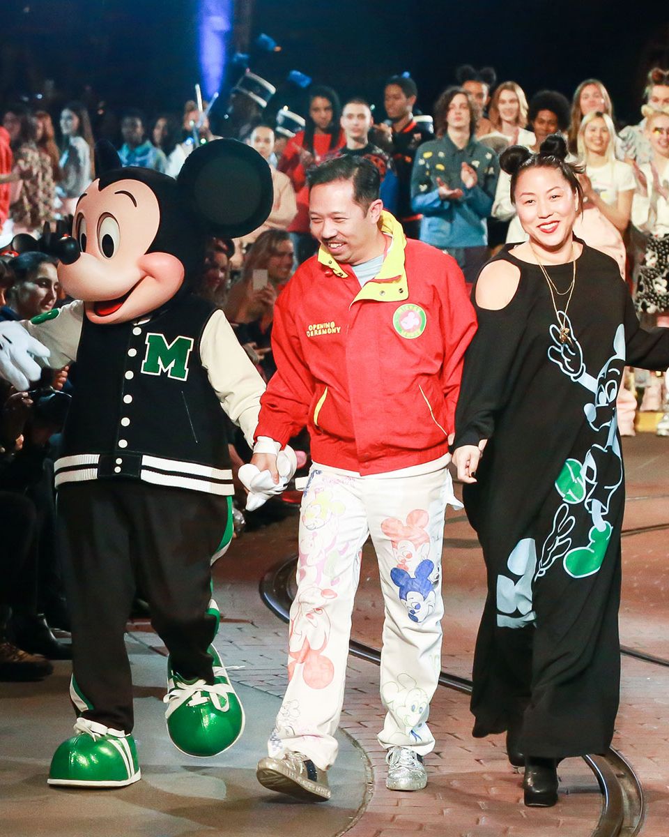 Carol Lin and Humberto Leon with Mickey Mouse at the show. 