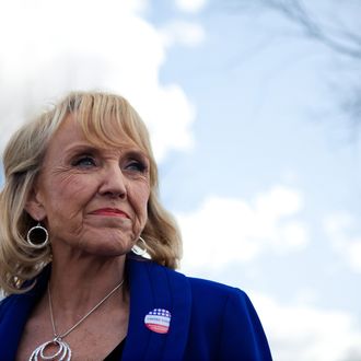 GLENDALE, AZ - FEBRUARY 28: Arizona Gov. Jan Brewer talks to the news media after voting in the Republican presidential primary February 28, 2012 in Glendale, Arizona. Arizona is a winner take all state, with all the delegates from the state going to the winner of the primary. Early voting began in the state February 2, with over 300, 000 votes already cast as of February 27. (Photo by Jonathan Gibby/Getty Images)