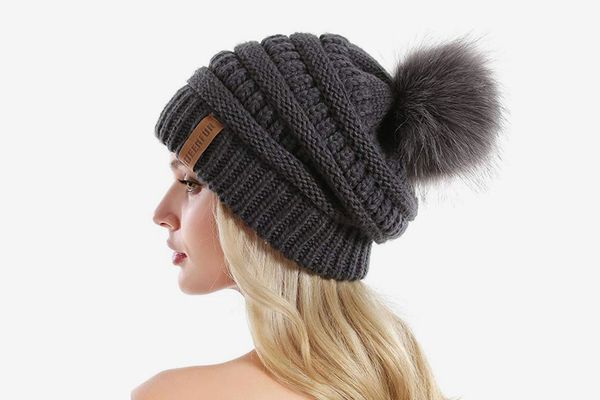 CH Fur Pom Pom Knit Slouchy Baggy Beanie Lined Winter Hat Ski Cap Solid Women 