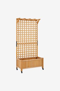 Yanine Handmade 75″ H Fir Wood Planter Box with Trellis and Wheels
