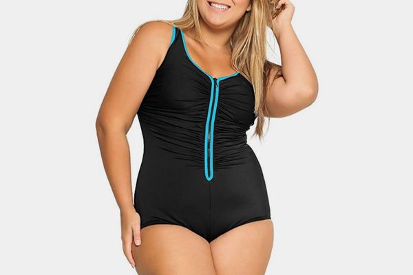 DELIMIRA Plus Size Built-in Cup Zip Front One Piece Swimsuit in Multicolored #3