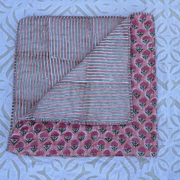 PdharoMahreRajasthan Hand-Block-Printed Floral Cotton Blanket — Twin