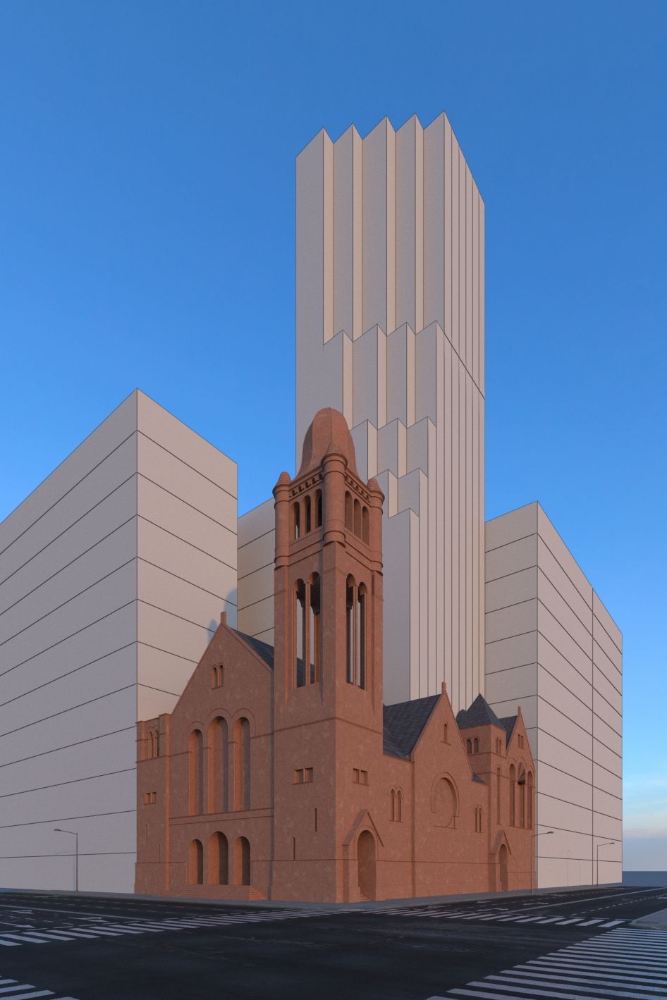 Option 2: Add a tower behind the current building, subsidizing its repair and reconstruction. The economics work out okay; the aesthetics are passable. But the neighbors would likely fight it back to the ground.