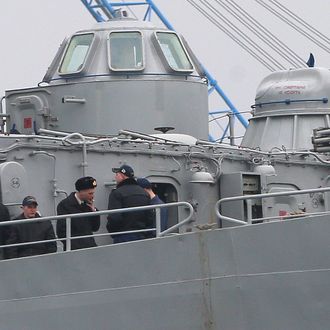 03 Mar 2014, Sevastopol, Ukraine --- ITAR-TASS: SEVASTOPOL, CRIMEA, UKRAINE. MARCH 2, 2014. Command ship Slavutich of the Ukrainian Navy in the port of Sevastopol. (Photo ITAR-TASS/ Stanislav Krasilnikov) --- Image by ? Krasilnikov Stanislav/ITAR-TASS Photo/Corbis