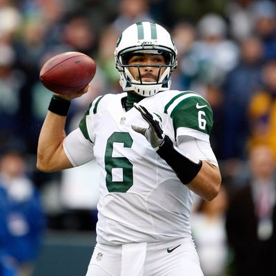 Quarterback Mark Sanchez #6 of the New York Jets throws in the first quarter against the Seattle Seahawks at CenturyLink Field on November 11, 2012 in Seattle, Washington. Seattle defeated New York Jets 28-7.