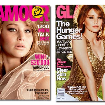 Jennifer Lawrence covering <em>Glamour</em> UK, US respectively.