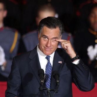 Republican U.S. presidential candidate and former Massachusetts Governor Mitt Romney rubs his eye as he speaks during a rally at Valley Forge Military Academy and College September 28, 2012 in Wayne, Pennsylvania. Romney continued to campaign for his run for the White House in the battleground state of Pennsylvania.