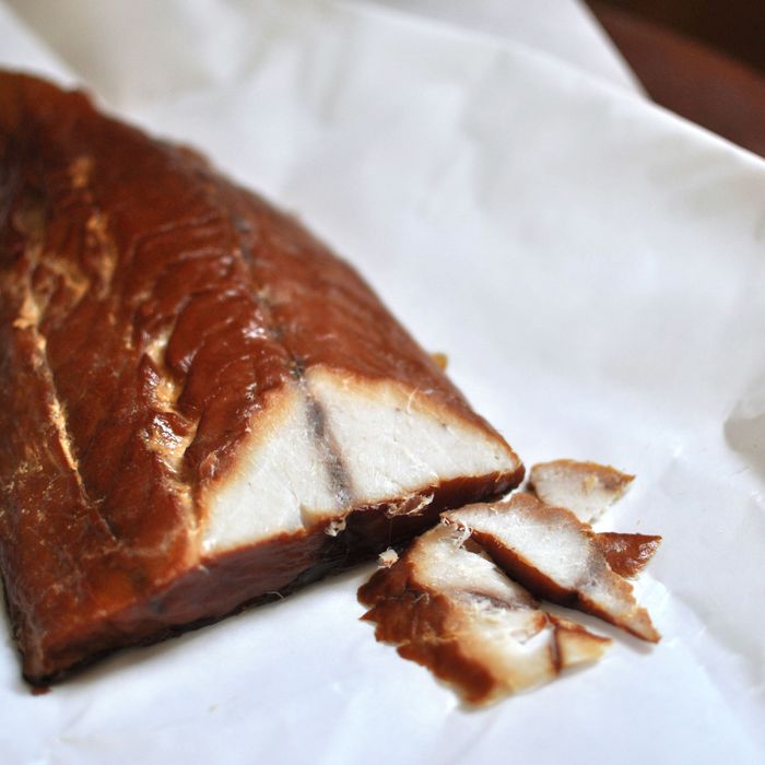 Smoked bluefish from Shelsky's, a bargain at $6.49 per quarter pound.