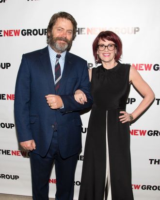 NEW YORK, NY - APRIL 21: Actors Nick Offerman and Megan Mullally attends the off Broadway opening night celebration for 