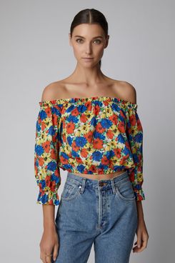 RIXO Kerry Floral-Print Off-The-Shoulder Cotton Cropped Top
