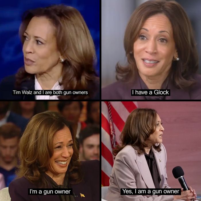 Four photos of Kamala Harris are arranged in a square. Captions over each of them show she's talking about owning a gun.