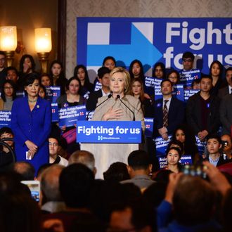 Democratic Presidential hopeful Hillary Clinton speaks with Asian American and Pacific Islander voters