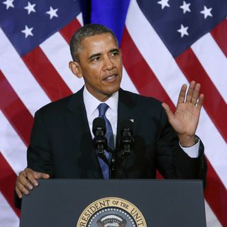 WASHINGTON, DC - JANUARY 17: U.S. President Barack Obama speaks about the National Security Agency (NSA) at the Justice Department, on January 17, 2014 in Washington, DC. President Obama outlined new changes to the agency's most controversial surveillance practices. (Photo by Mark Wilson/Getty Images)