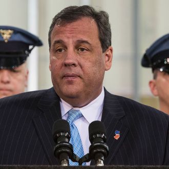 EAST RUTHERFORD, NJ - JANUARY 29: New Jersey Gov. Chris Christie speaks at a press conference announcing new objectives to crack down on human and sex trafficking throughout the state of New Jersey, inspired in part by the upcoming Super Bowl, on January 29, 2014 in East Rutherford, New Jersey. Christie Spoke along side New Jersey Attorney General John Hoffman and Cindy McCain, wife of Arizona Senator John McCain. The Super Bowl will be played at MetLife Stadium in East Rutherford, NJ, this Sunday, February 2, 2014. (Photo by Andrew Burton/Getty Images)