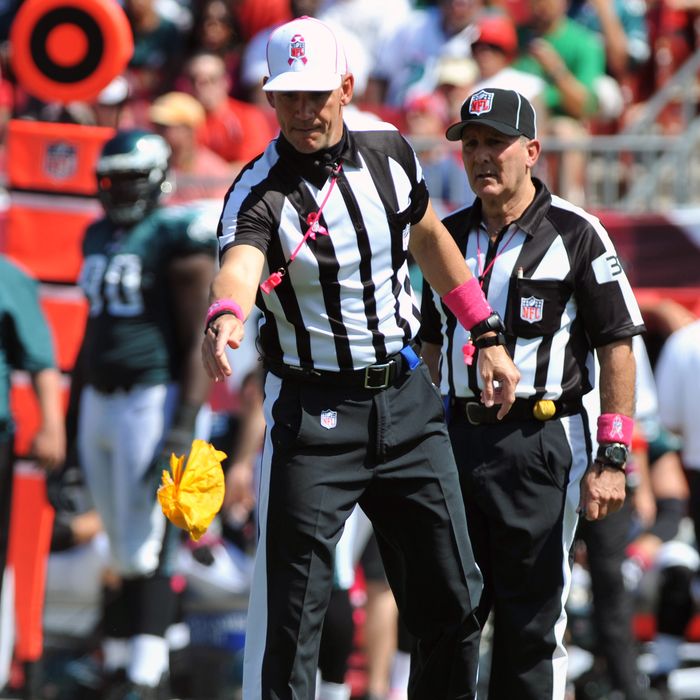 TAMPA, FL - OCTOBER 13: NFL referee Clete Blakeman signals a field goal as the Tampa Bay Buccaneers tosses a penalty flag during play against the Philadelphia Eagles October 13, 2013 at Raymond James Stadium in Tampa, Florida. The Eagles won 31 - 20. (Photo by Al Messerschmidt/Getty Images)