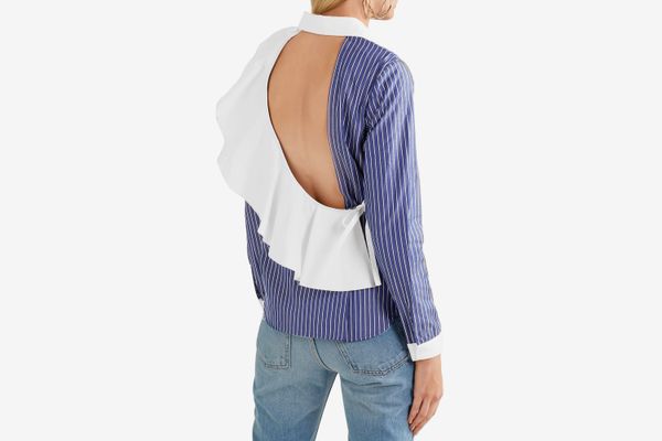 Sandy Liang Enzo Open-Back Pinstriped Cotton-Poplin Shirt