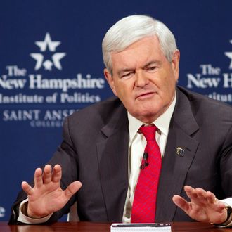 MANCHESTER, NH - DECEMBER 12: Republican Presidential Candidate Newt Gingrich takes part in a Lincoln-Douglas style debate with Jon Huntsman at Saint Anselm College on December 12, 2011 in Manchester, New Hampshire. The debate will primarily delve into national security and foreign policy. (Photo by Matthew Cavanaugh/Getty Images)