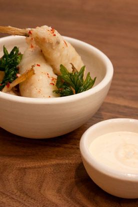 Fried Blowfish Tails, Pickled Onion Mayonnaise, Crispy Parsley