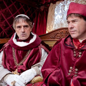 Jeremy Irons as Rodrigo Borgia and Peter Sullivan as Cardinal Ascanio Sforza in The Borgias