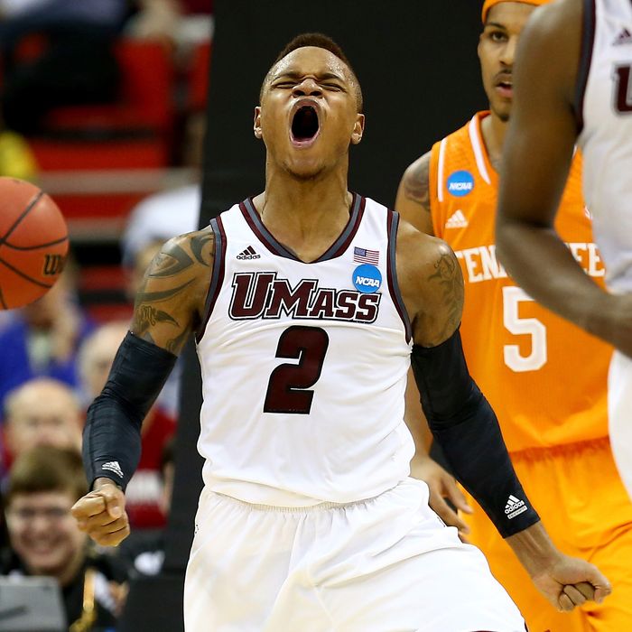 Derrick Gordon #2 of the Massachusetts Minutemen reacts while taking on the Tennessee Volunteers in the second round of the 2014 NCAA Men's Basketball Tournament at PNC Arena on March 21, 2014 in Raleigh, North Carolina.