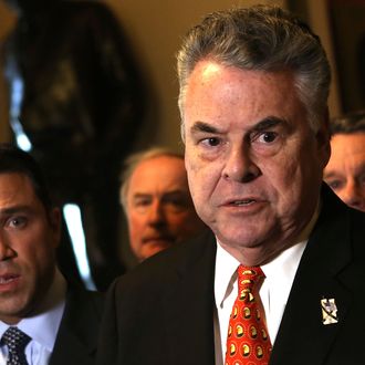 WASHINGTON, DC - JANUARY 02: U.S. Rep. Peter King (R-NY) (R) and Rep. Michael Grimm January 2, 2013 on Capitol Hill in Washington, DC. The House Republican leadership was criticized for not acting on the Senate passed legislation for Hurricane Sandy disaster aid. (Photo by Alex Wong/Getty Images)