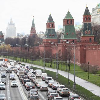 Traffic jam near the gates of Kremlin on October 31, 2013 in Moscow, Russia.