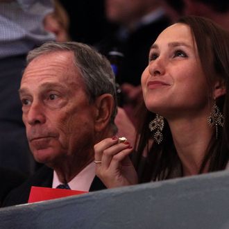 New York City Mayor Michael Bloomberg and his daughter Georgina (R) watch the New York Rangers play against the Washington Capitals in Game Four of the Eastern Conference Quarterfinals during the 2011 NHL Stanley Cup Playoffs at Madison Square Garden on April 20, 2011 in New York City.