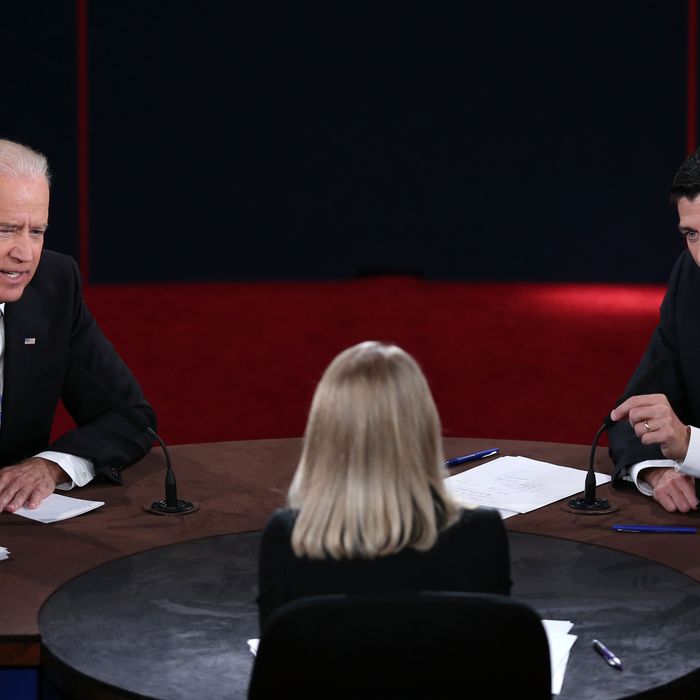 U.S. Vice President Joe Biden (L) and Republican vice presidential candidate U.S. Rep. Paul Ryan (R-WI) (R) participate in the vice presidential debate as moderator Martha Raddatz looks on at Centre College October 11, 2012 in Danville, Kentucky. 