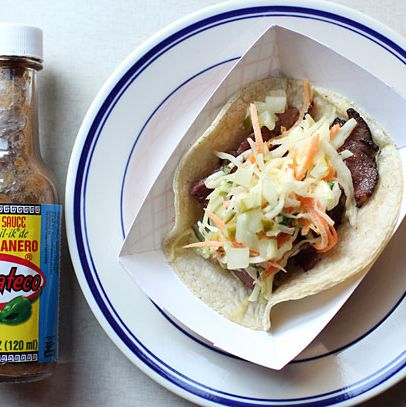 Aji amarillo vigaron, caraway seeds, diced pickles