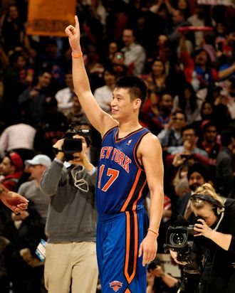 Jeremy Lin #17 of the New York Knicks reacts to the crowd after the win over the Toronto Raptors on February 14, 2012 at the Air Canada Centre in Toronto, Ontario, Canada.