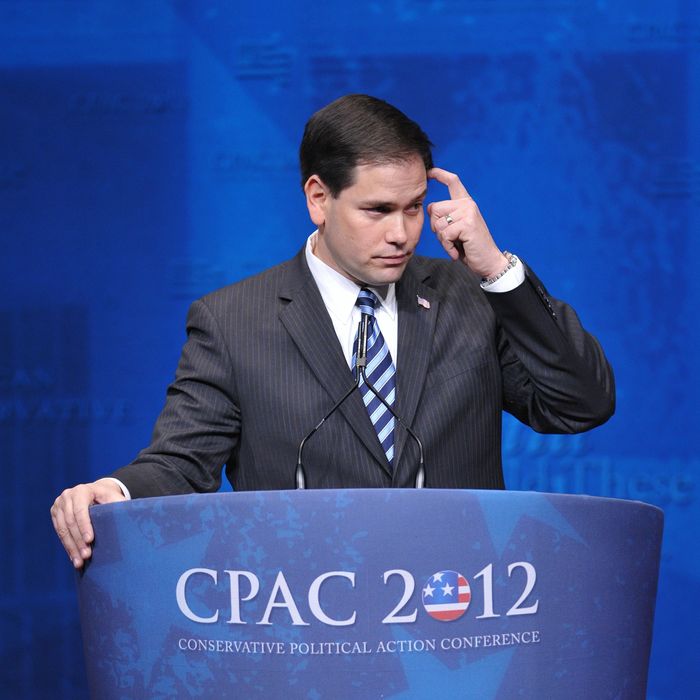Senator Marco Rubio, R-FL, pauses during his speech to the 39th Conservative Political Action Committee(CPAC) February 9, 2012 in Washington, DC.
