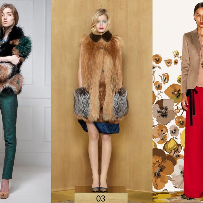 From left: new pre-fall looks from Matthew Williamson, Louis Vuitton, and Gucci.