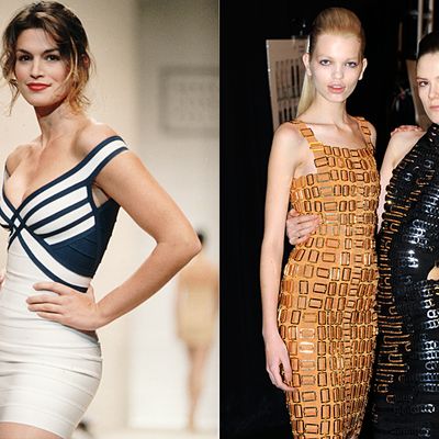 At left, Cindy Crawford walking Leger in 1993; at right, Daphne Groeneveld (left) and Caroline Brasch Nielsen backstage at the Hervé Léger show in February.