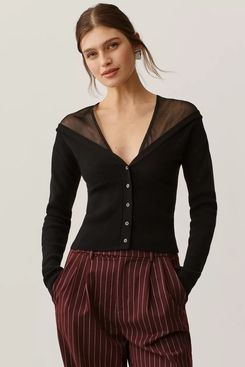 Maeve Sheer-Inset V-Neck Cardigan Sweater