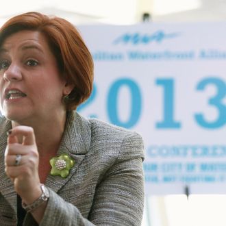 New York City Council Speaker and mayoral candidate Christine Quinn speaks at a political forum aboard a boat in Manhattan on April 9, 2013 in New York City. Six mayoral candidates spoke at the Metropolitan Waterfront Alliance's 2013 Waterfront Conference ahead of the November 2013 mayoral election.