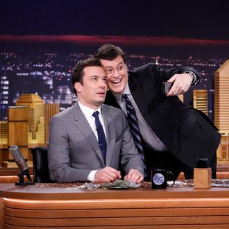 THE TONIGHT SHOW STARRING JIMMY FALLON -- Episode 0001 -- Pictured: (l-r) Host Jimmy Fallon and comedian Stephen Colbert on February 17, 2014 -- (Photo by: Lloyd Bishop/NBC/NBCU Photo Bank)