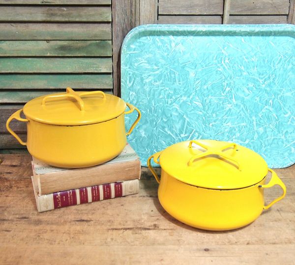 Cast Iron Dutch Oven Yellow by Technique With Trivet RARE!