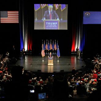 Republican presidential candidate Donald Trump speaks during a rally at the Treasure Island Hotel in Las Vegas on June 18, 2016. 