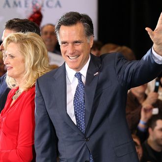 NOVI, MI - FEBRUARY 28: Republican presidential candidate and former Massachussetts Gov. Mitt Romney waves to supporters during a primary night gathering at the Suburban Collections Showplace on February 28, 2012 in Novi, Michigan. Romney was declared the winner of the Arizona and Michigan primaries. (Photo by Justin Sullivan/Getty Images)