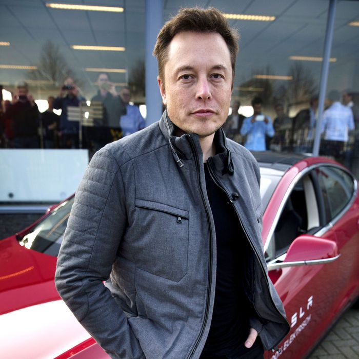 Elon Musk, co-founder and CEO of American electric vehicle manufacturer Tesla Motors, poses with a Tesla during a visit to Amsterdam on January 31, 2014. The European Tesla Service is based in Tilburg and the European headquarters is in Amsterdam.