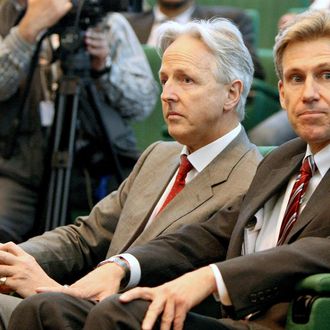 Bristish and US envoys to Libyan rebels Christopher Prentice (L) and Chris Stevens attend a press conference of Libyan rebel leader Mustafa Abdul Jalil (not pictured) after his meeting with African head of states, in the eastern rebel stronghold of Benghazi, on April 11, 2011. Libya's rebels reject any mediation which does not include the ouster of strongman Moamer Kadhafi, opposition chief Mustafa Abdul Jalil said after talks with African mediators. AFP PHOTO/MARWAN NAAMANI (Photo credit should read MARWAN NAAMANI/AFP/Getty Images)