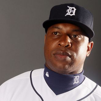 Delmon Young #21 of the Detroit Tigers poses for a portrait on February 28, 2012 at Joker Marchant Staduim in Lakeland, Florida.