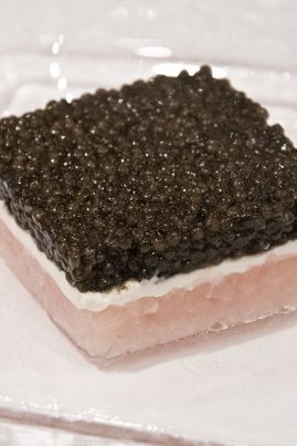 Shimaaji (striped horse mackerel) tartare with whipped ricotta and Petrossian caviar.