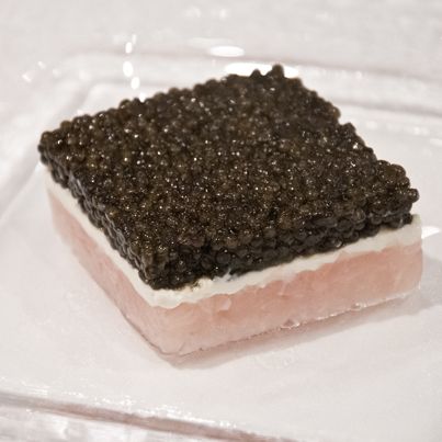 Shimaaji (striped horse mackerel) tartare with whipped ricotta and Petrossian caviar.
