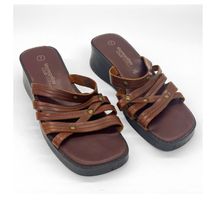 Brown Leather Square Toe Slides Platform Wedge Sandals 1990s 2000s Vintage Y2K 7