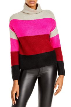 Aqua Color Blocked Stripe Turtleneck Sweater