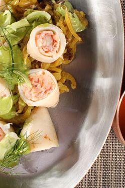 Poached Southold squid, Long Island lobster, Littleneck clam and tomato broth, basil aïoli